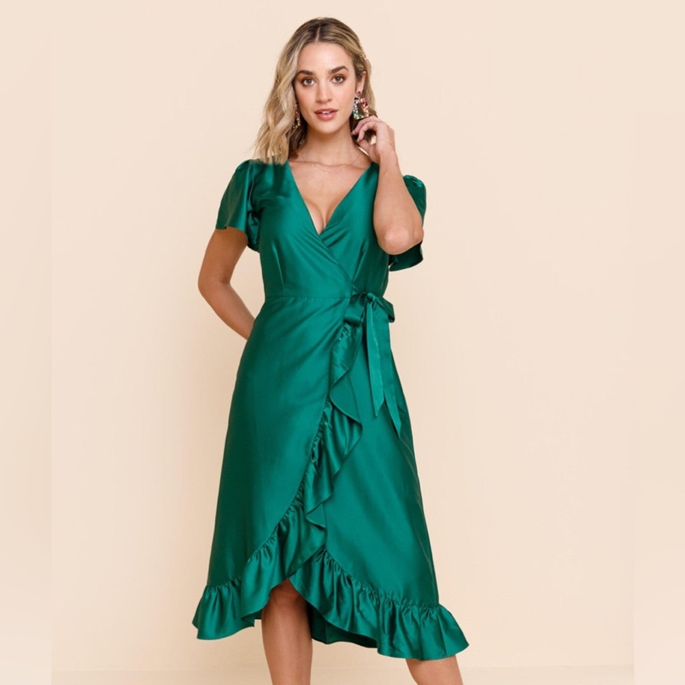 Francesca’s green satin wrap dress